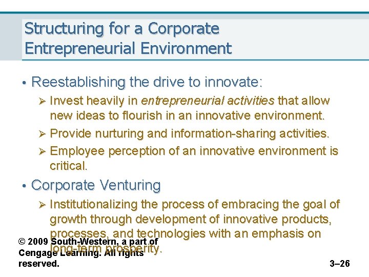 Structuring for a Corporate Entrepreneurial Environment • Reestablishing the drive to innovate: Ø Invest