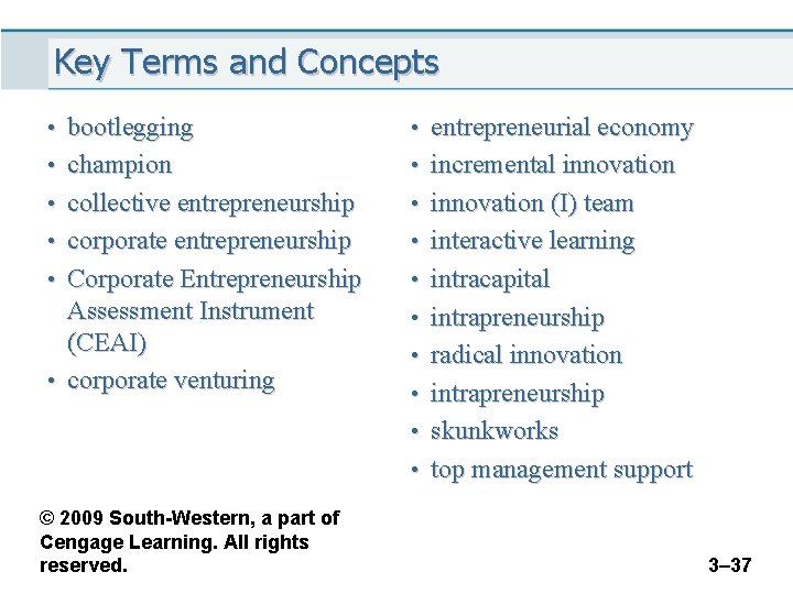 Key Terms and Concepts • bootlegging • entrepreneurial economy • champion • incremental innovation