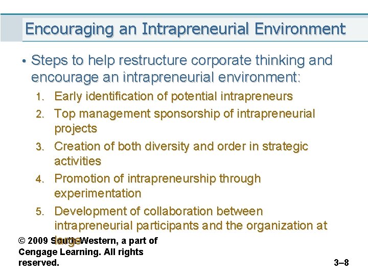 Encouraging an Intrapreneurial Environment • Steps to help restructure corporate thinking and encourage an