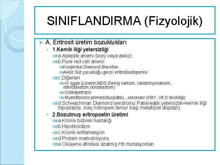 SINIFLANDIRMA (Fizyolojik) Ø A. Eritrosit üretim bozuklukları ◦ 1. Kemik iliği yetersizliği a. Aplastik