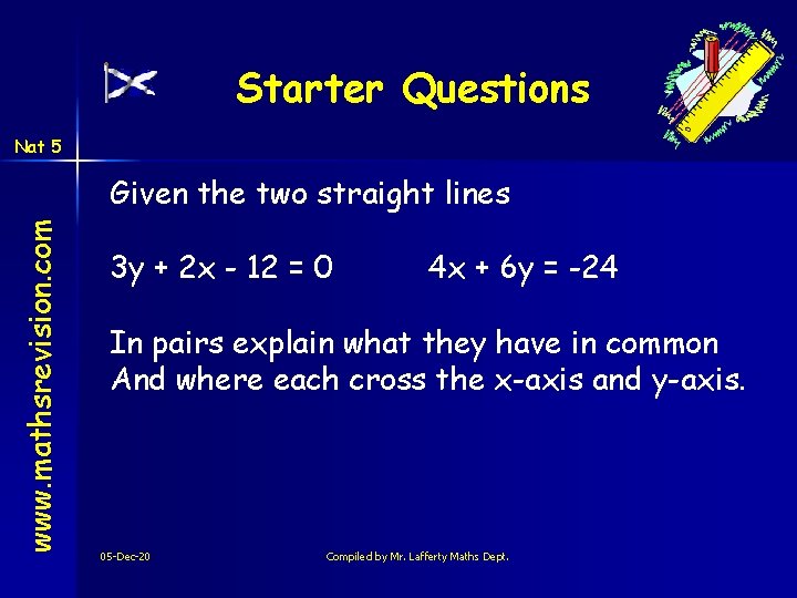 Starter Questions Nat 5 www. mathsrevision. com Given the two straight lines 3 y