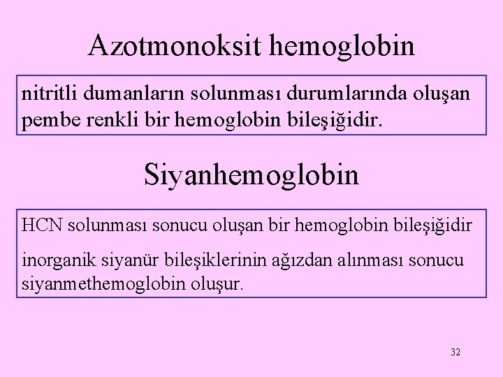 Azotmonoksit hemoglobin nitritli dumanların solunması durumlarında oluşan pembe renkli bir hemoglobin bileşiğidir. Siyanhemoglobin HCN