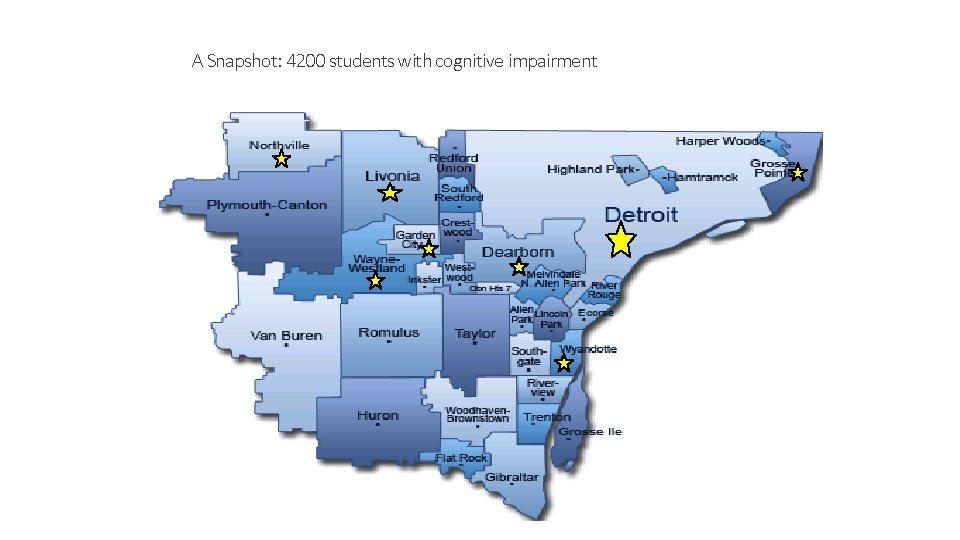 A Snapshot: 4200 students with cognitive impairment 3500 students with autism spectrum disorder 10