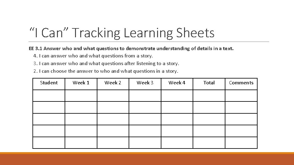 “I Can” Tracking Learning Sheets EE 3. 1 Answer who and what questions to