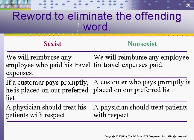 20 20 Reword to eliminate the offending word. Sexist We will reimburse any employee