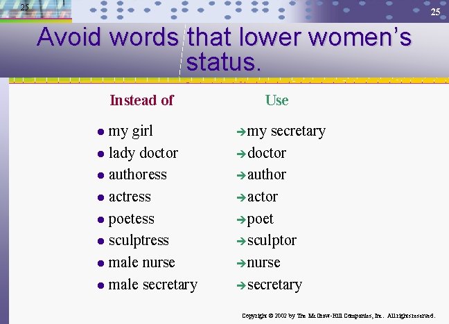 25 25 Avoid words that lower women’s status. Instead of my girl l lady