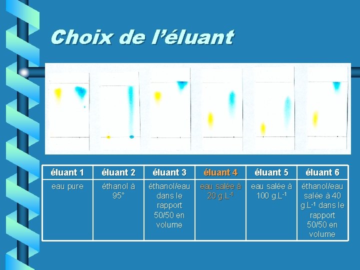 Choix de l’éluant 1 éluant 2 éluant 3 éluant 4 éluant 5 éluant 6