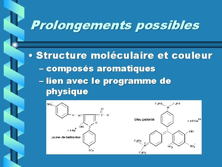 Prolongements possibles • Structure moléculaire et couleur – composés aromatiques – lien avec le