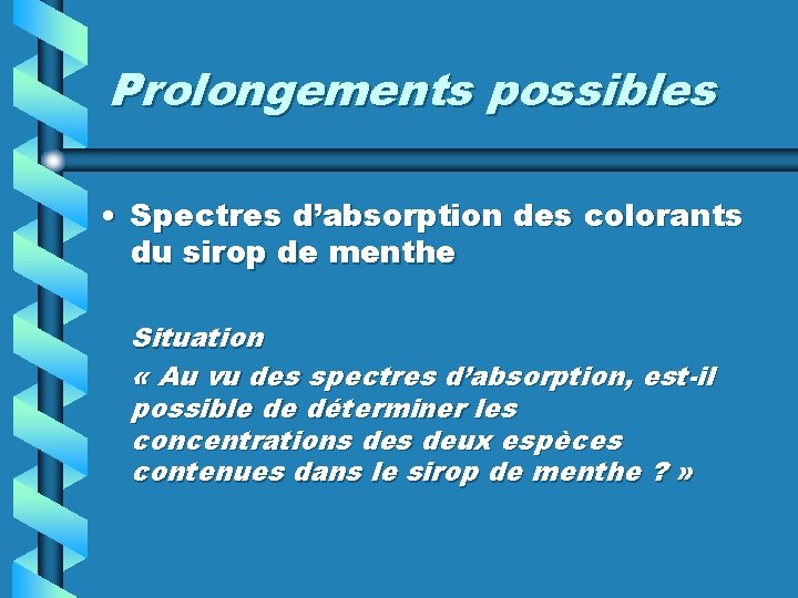 Prolongements possibles • Spectres d’absorption des colorants du sirop de menthe Situation « Au