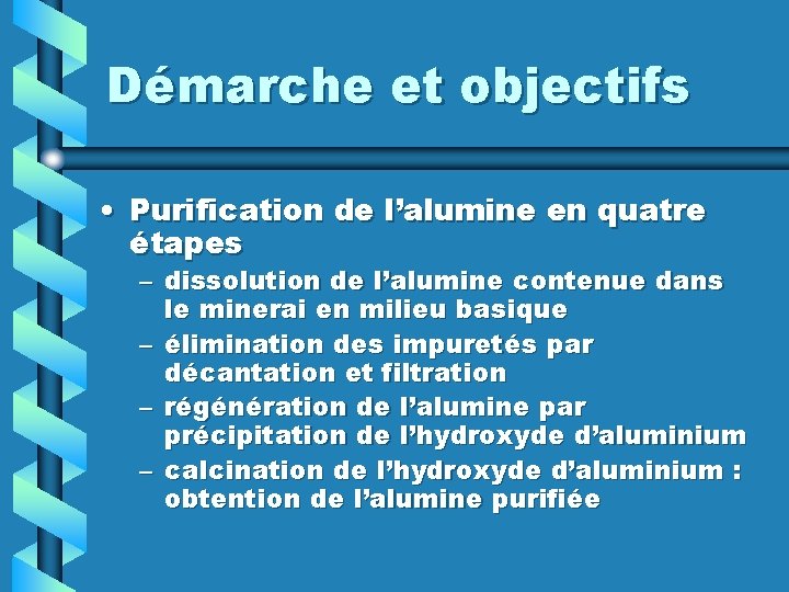 Démarche et objectifs • Purification de l’alumine en quatre étapes – dissolution de l’alumine