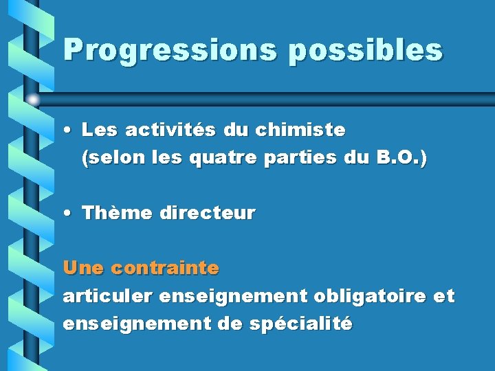 Progressions possibles • Les activités du chimiste (selon les quatre parties du B. O.