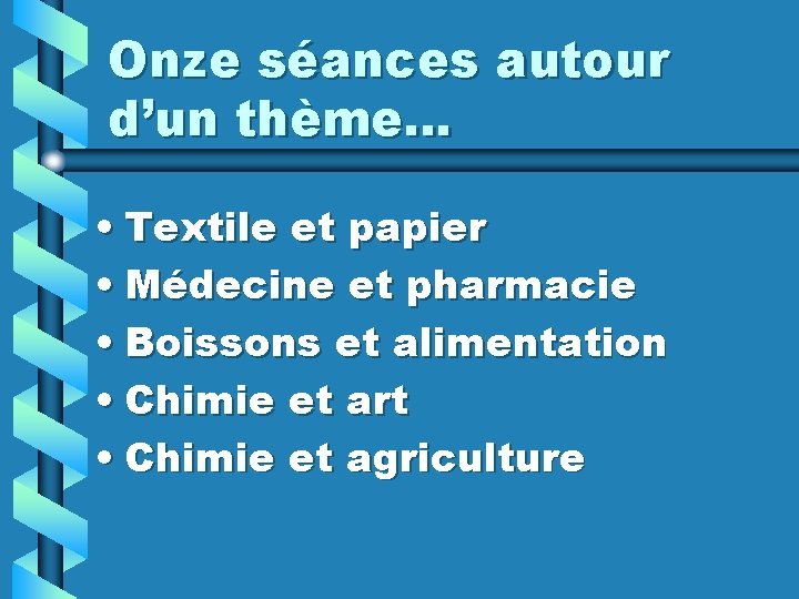 Onze séances autour d’un thème… • Textile et papier • Médecine et pharmacie •