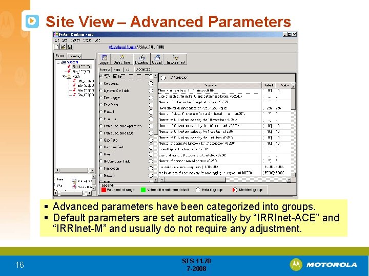 Site View – Advanced Parameters § Advanced parameters have been categorized into groups. §