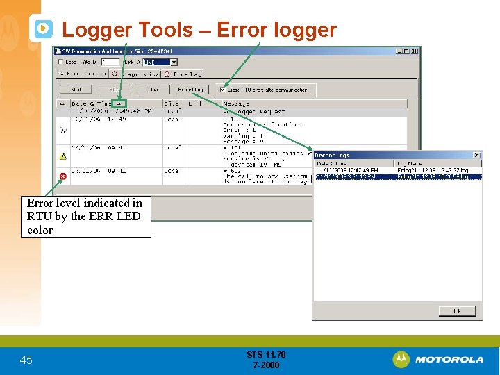 Logger Tools – Error logger Error level indicated in RTU by the ERR LED