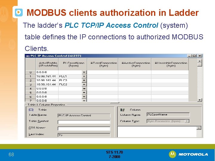 MODBUS clients authorization in Ladder The ladder’s PLC TCP/IP Access Control (system) table defines