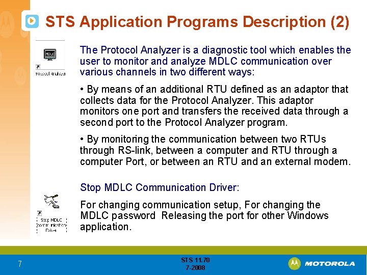 STS Application Programs Description (2) The Protocol Analyzer is a diagnostic tool which enables