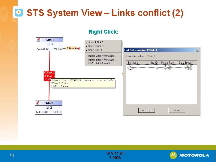 STS System View – Links conflict (2) Right Click: 73 STS 11. 70 7