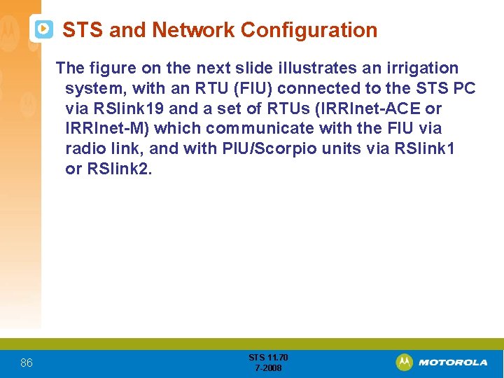 STS and Network Configuration The figure on the next slide illustrates an irrigation system,