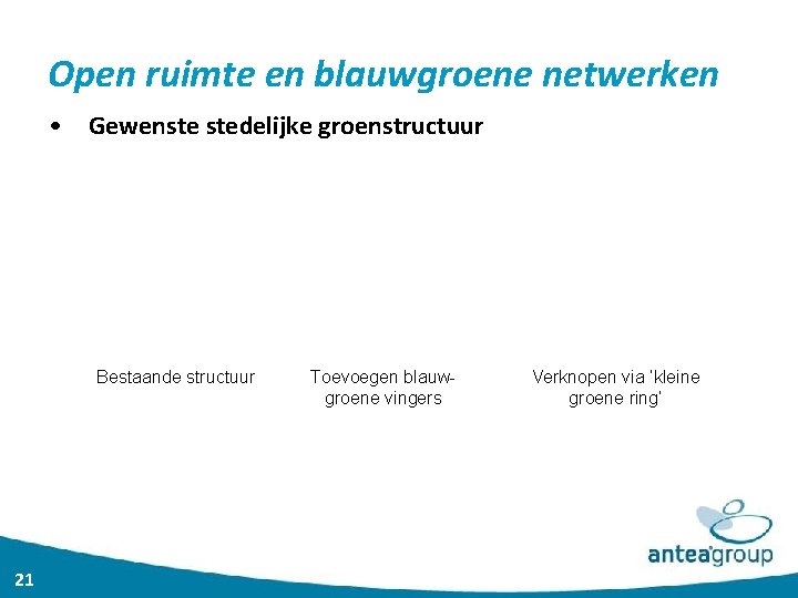 Open ruimte en blauwgroene netwerken • Gewenste stedelijke groenstructuur Bestaande structuur 21 Toevoegen blauwgroene