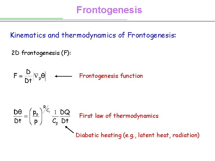 Frontogenesis Kinematics and thermodynamics of Frontogenesis: 2 D frontogenesis (F): Frontogenesis function First law