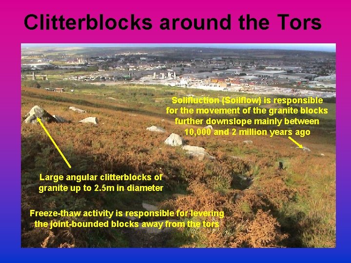 Clitterblocks around the Tors Solifluction (Soilflow) is responsible for the movement of the granite