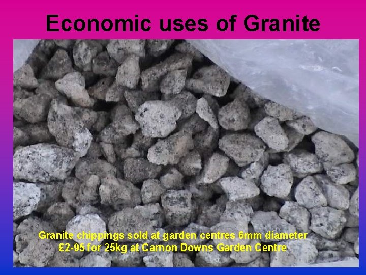 Economic uses of Granite chippings sold at garden centres 6 mm diameter £ 2