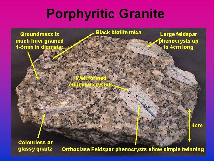 Porphyritic Granite Groundmass is much finer grained 1 -5 mm in diameter Black biotite