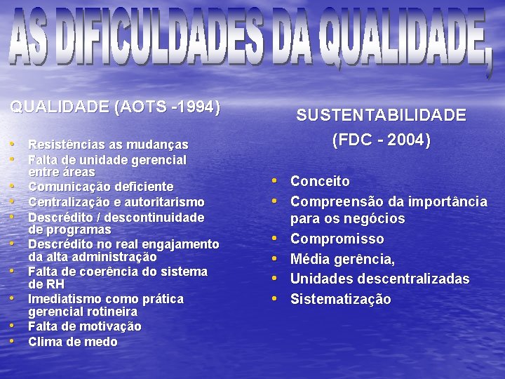 QUALIDADE (AOTS -1994) SUSTENTABILIDADE (FDC - 2004) • Resistências as mudanças • Falta de