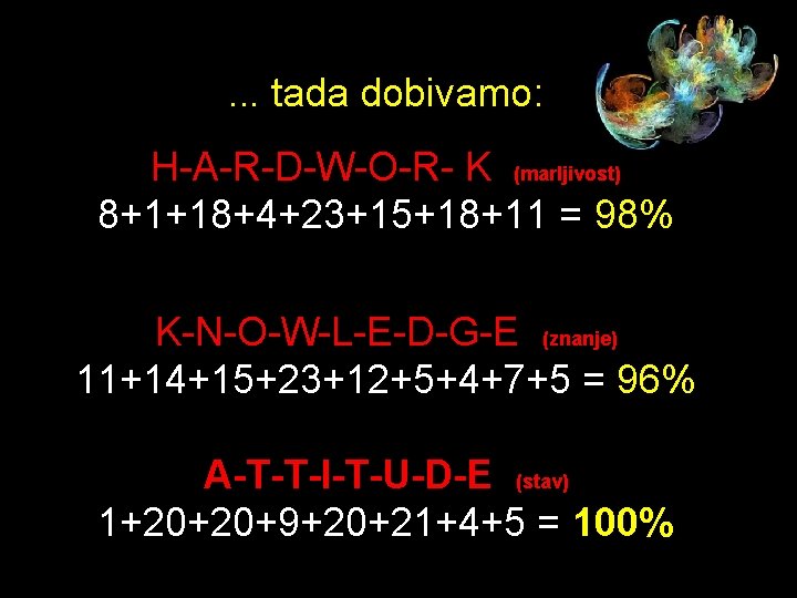 . . . tada dobivamo: H-A-R-D-W-O-R- K (marljivost) 8+1+18+4+23+15+18+11 = 98% K-N-O-W-L-E-D-G-E (znanje) 11+14+15+23+12+5+4+7+5 . . . tada dobivamo: H-A-R-D-W-O-R- K (marljivost) 8+1+18+4+23+15+18+11 = 98% K-N-O-W-L-E-D-G-E (znanje) 11+14+15+23+12+5+4+7+5