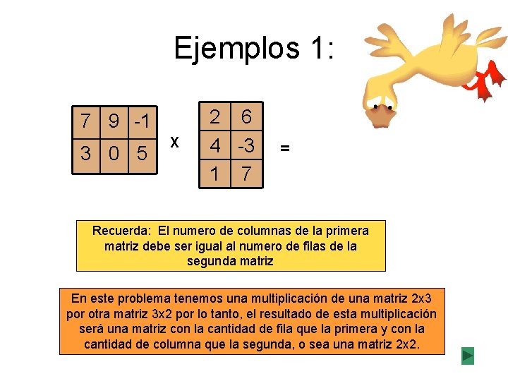 Ejemplos 1: 7 9 -1 3 0 5 X 2 6 4 -3 1