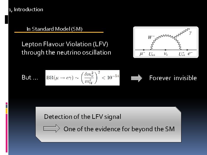 1, Introduction In Standard Model (SM) Lepton Flavour Violation (LFV) through the neutrino oscillation