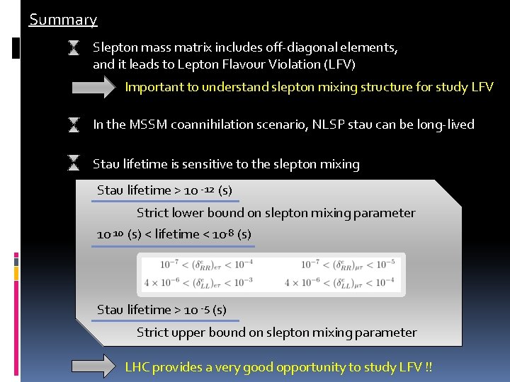 Summary Slepton mass matrix includes off-diagonal elements, and it leads to Lepton Flavour Violation