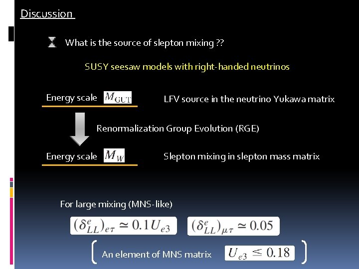 Discussion What is the source of slepton mixing ? ? SUSY seesaw models with