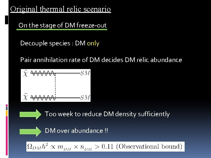 Original thermal relic scenario On the stage of DM freeze-out Decouple species : DM