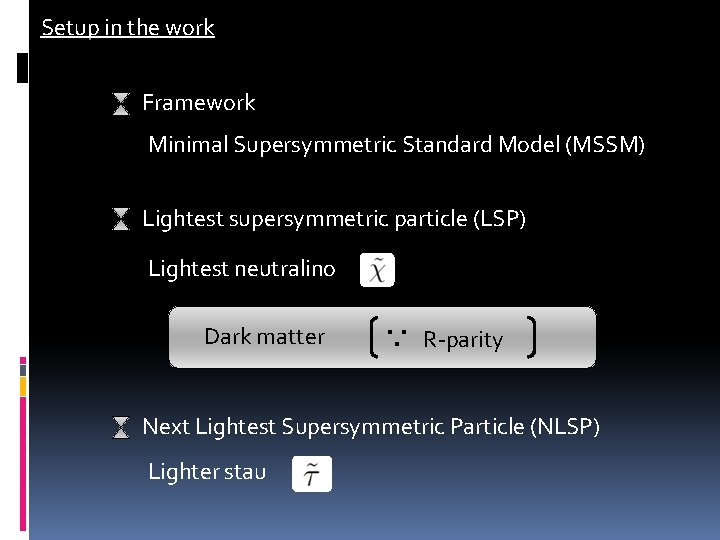 Setup in the work Framework Minimal Supersymmetric Standard Model (MSSM) Lightest supersymmetric particle (LSP)