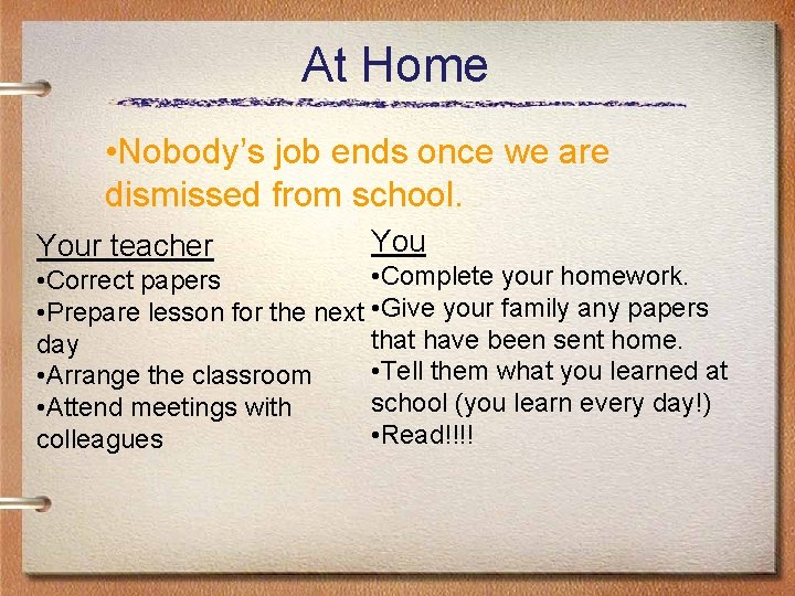 At Home • Nobody’s job ends once we are dismissed from school. Your teacher