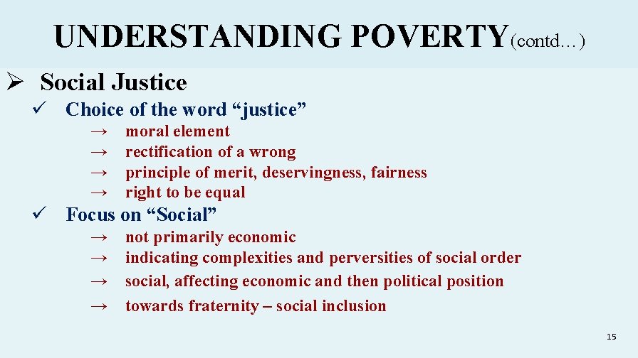 UNDERSTANDING POVERTY(contd…) Ø Social Justice ü Choice of the word “justice” → → moral