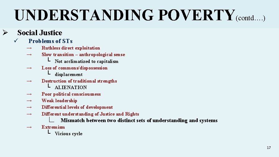 UNDERSTANDING POVERTY(contd…. ) Ø Social Justice ü Problems of STs → → → →