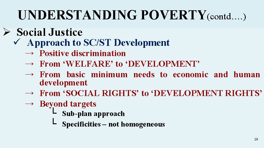 UNDERSTANDING POVERTY(contd…. ) Ø Social Justice ü Approach to SC/ST Development → Positive discrimination