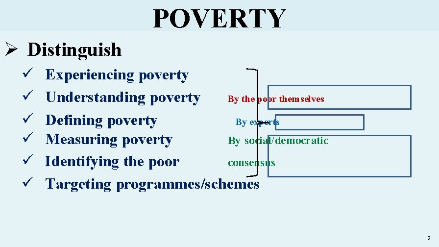 POVERTY Ø Distinguish ü ü ü Experiencing poverty Understanding poverty By the poor themselves