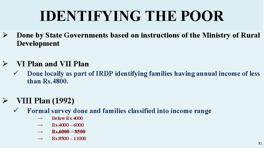 IDENTIFYING THE POOR Ø Done by State Governments based on instructions of the Ministry