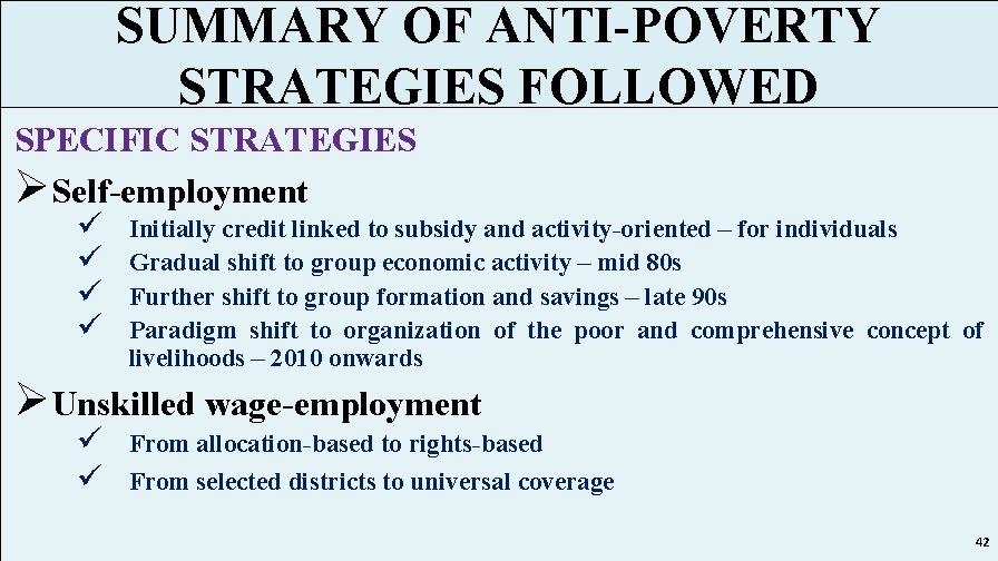 SUMMARY OF ANTI-POVERTY STRATEGIES FOLLOWED SPECIFIC STRATEGIES ØSelf-employment ü ü Initially credit linked to