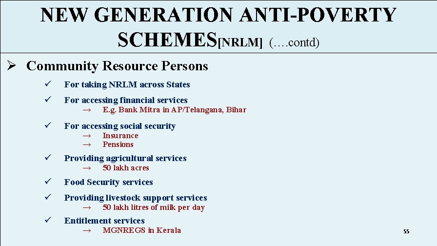 NEW GENERATION ANTI-POVERTY SCHEMES[NRLM] (…. contd) Ø Community Resource Persons ü For taking NRLM