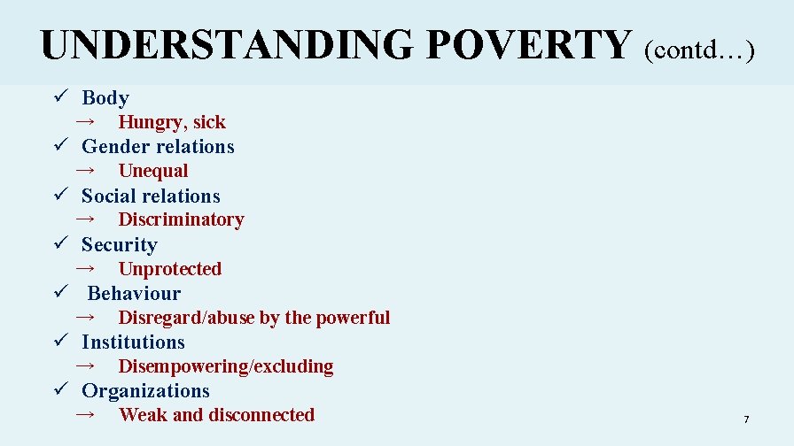 UNDERSTANDING POVERTY (contd…) ü Body → Hungry, sick ü Gender relations → Unequal ü