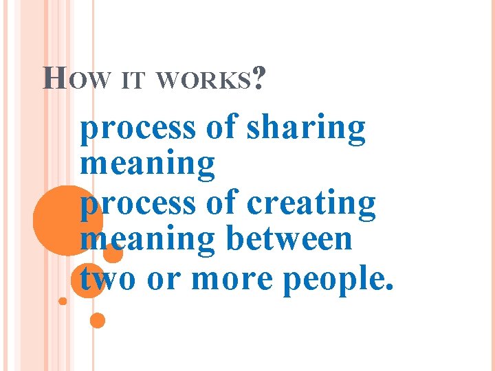 HOW IT WORKS? process of sharing meaning process of creating meaning between two or