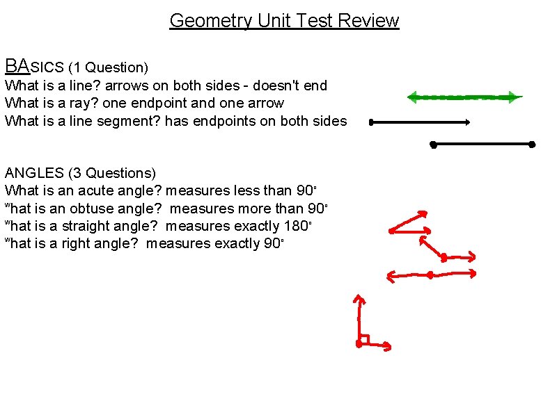 Geometry Unit Test Review BASICS (1 Question) What is a line? arrows on both