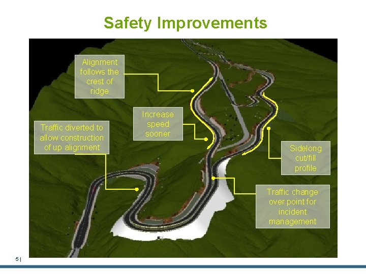 Safety Improvements Alignment follows the crest of ridge Traffic diverted to allow construction of
