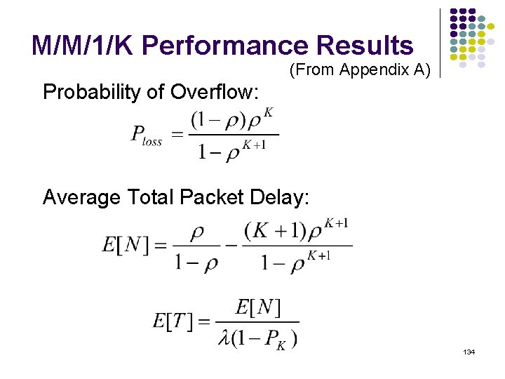 M/M/1/K Performance Results (From Appendix A) Probability of Overflow: Average Total Packet Delay: 134