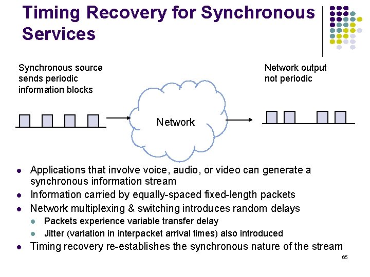 Timing Recovery for Synchronous Services Network output not periodic Synchronous source sends periodic information