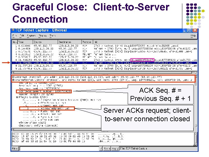 Graceful Close: Client-to-Server Connection ACK Seq. # = Previous Seq. # + 1 Server